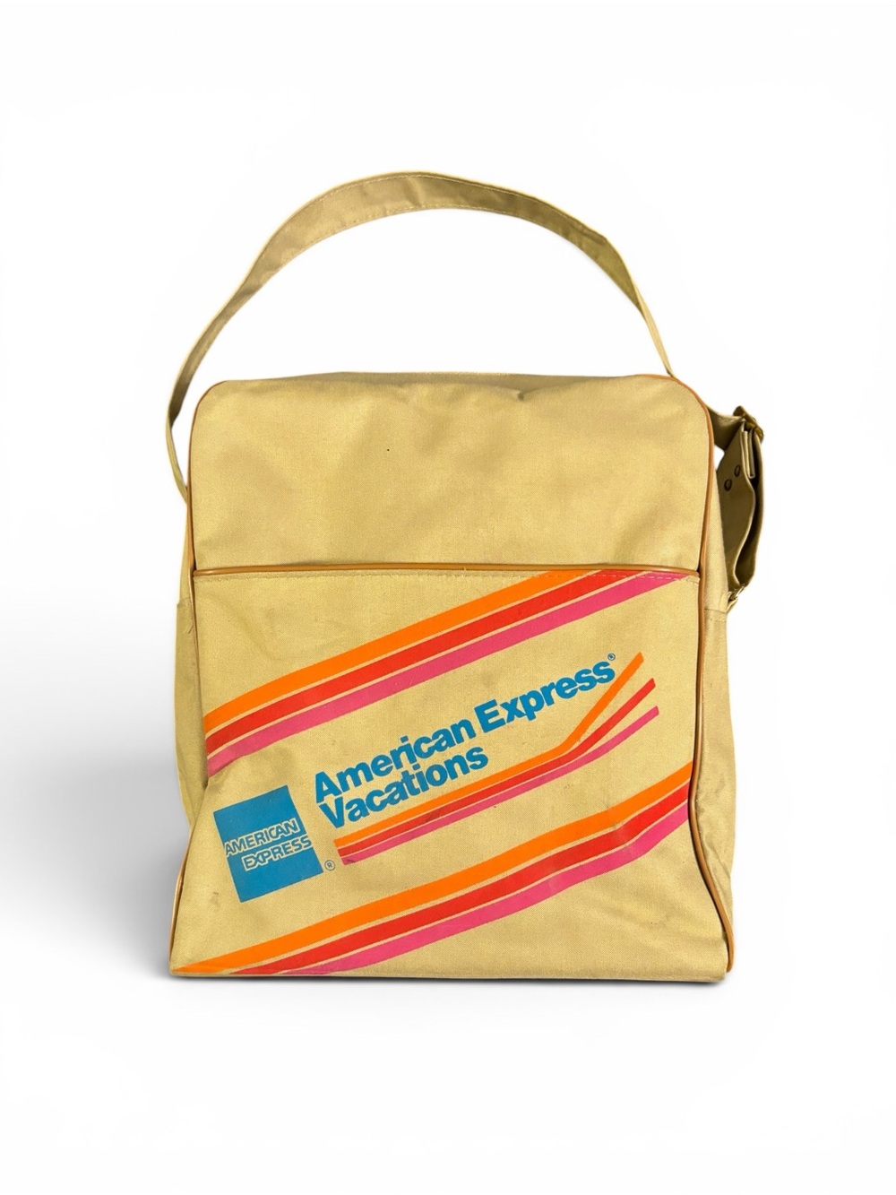 American Express Vacations Vintage 1970s Beige Messenger Bag with Accent Stripes